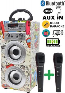 Dynasonic - Enceinte Bluetooth Portable karaoké 10W, 2 micros Inclus, Radio FM, Lecteur USB/SD
